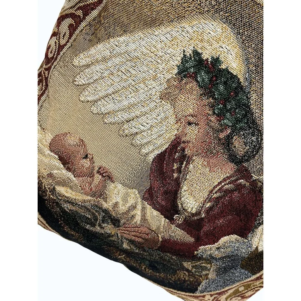 Decorative Vintage Christmas Tapestry Pillow With Angel & Baby 16 x 16 burgundy‎